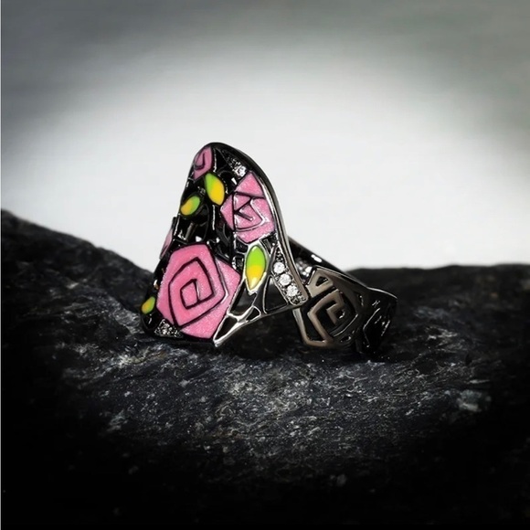 lack Gold/ Rhodium Plated Sterling Silver Beauty & The Beast Eternal Rose Ring - Picture 5 of 6